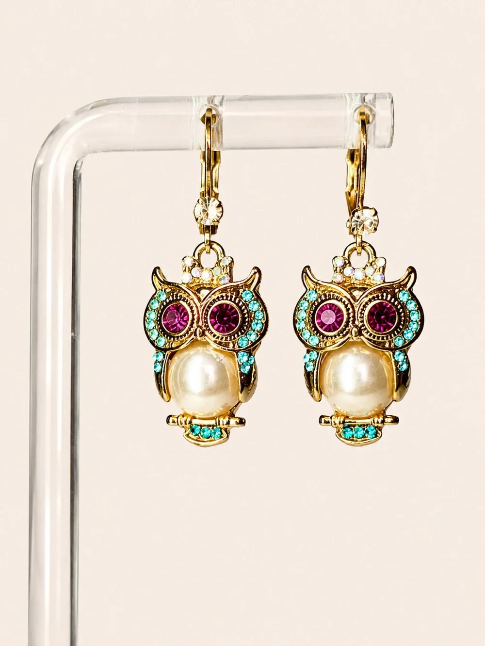 🦉💎 Betsey Johnson Pearl Critters Jeweled Owl Drop Earrings